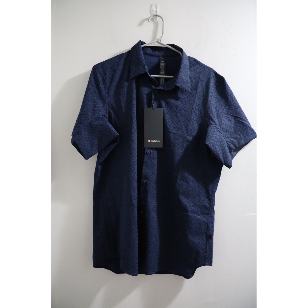 Lululemon Mens Airing Easy Short Sleeve Shirt Navy Blue Geometric LM3DK6S L